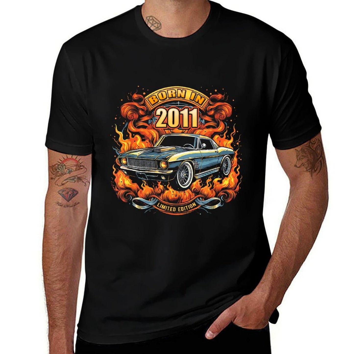 Born In 2011 Hot Rod Muscle Car Lovers 14th Birthday  Oversized Silhouette T-Shirt