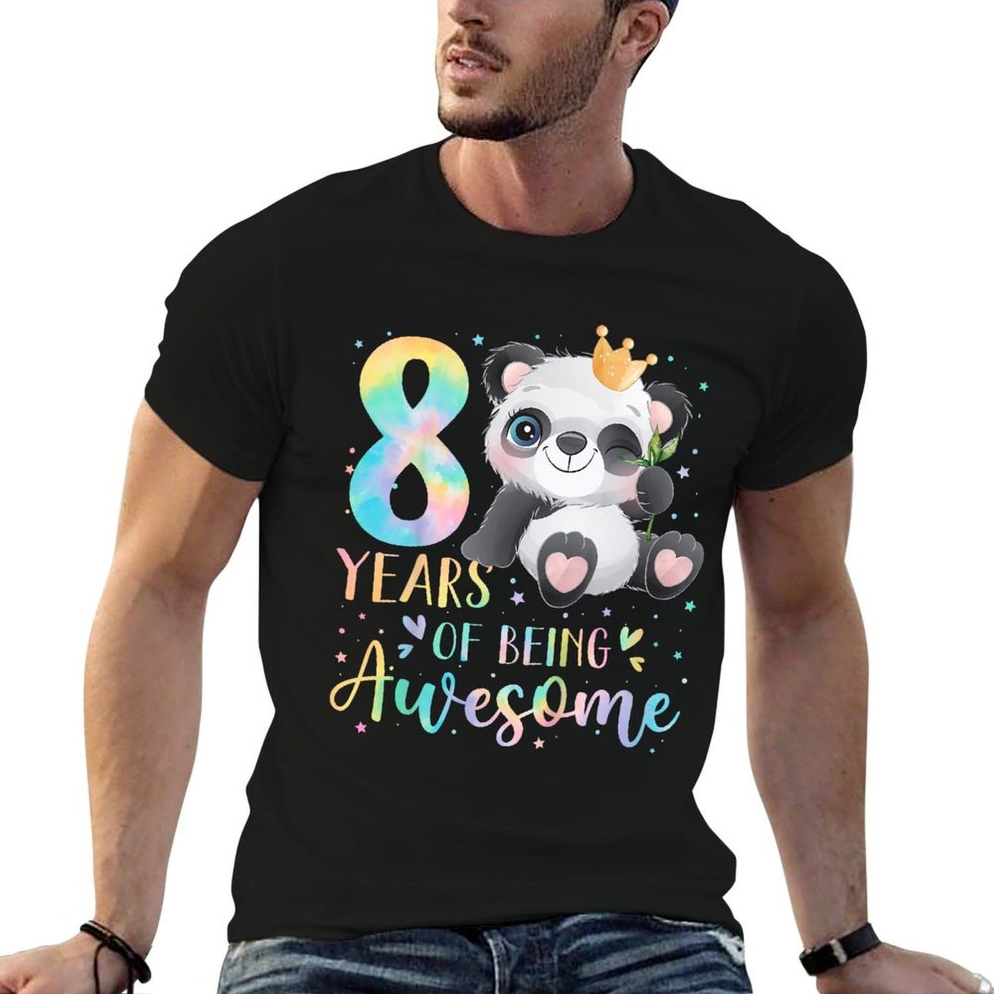 Kids Panda 8th Birthday 8 Years Of Being Awesome Crown  Rolled Sleeves T-Shirt