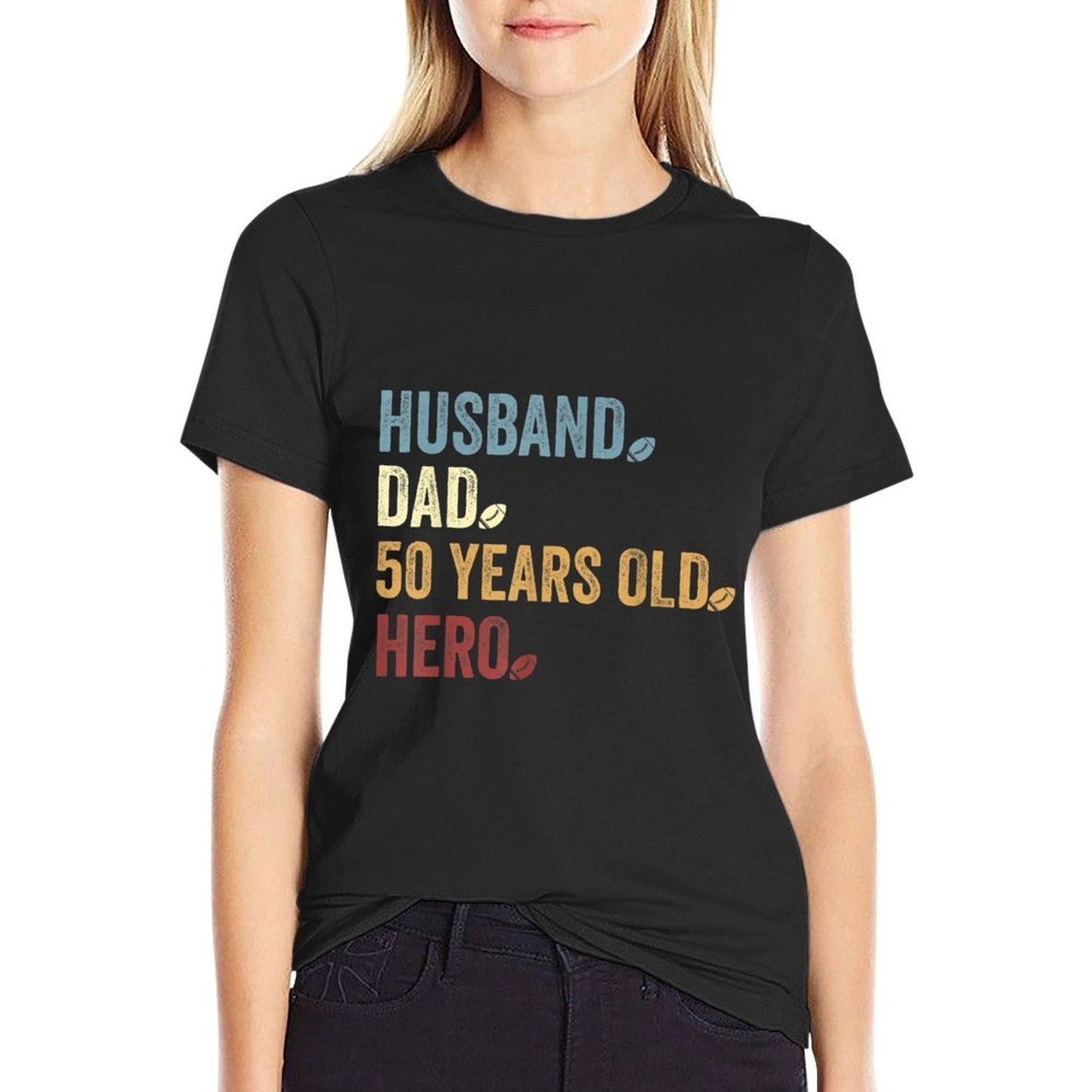 Husband Dad 50 Years Old Hero Football Father 50th Birthday  Cotton T-Shirt