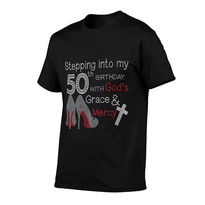 Womens Stepping Into My 50th Birthday With God's Grace And Mercy  Rolled Sleeves T-Shirt