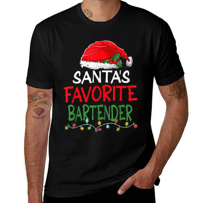 Santas Favorite Bartender Christmas Santa Claus Tree Lights  High-quality Stitching T-Shirt