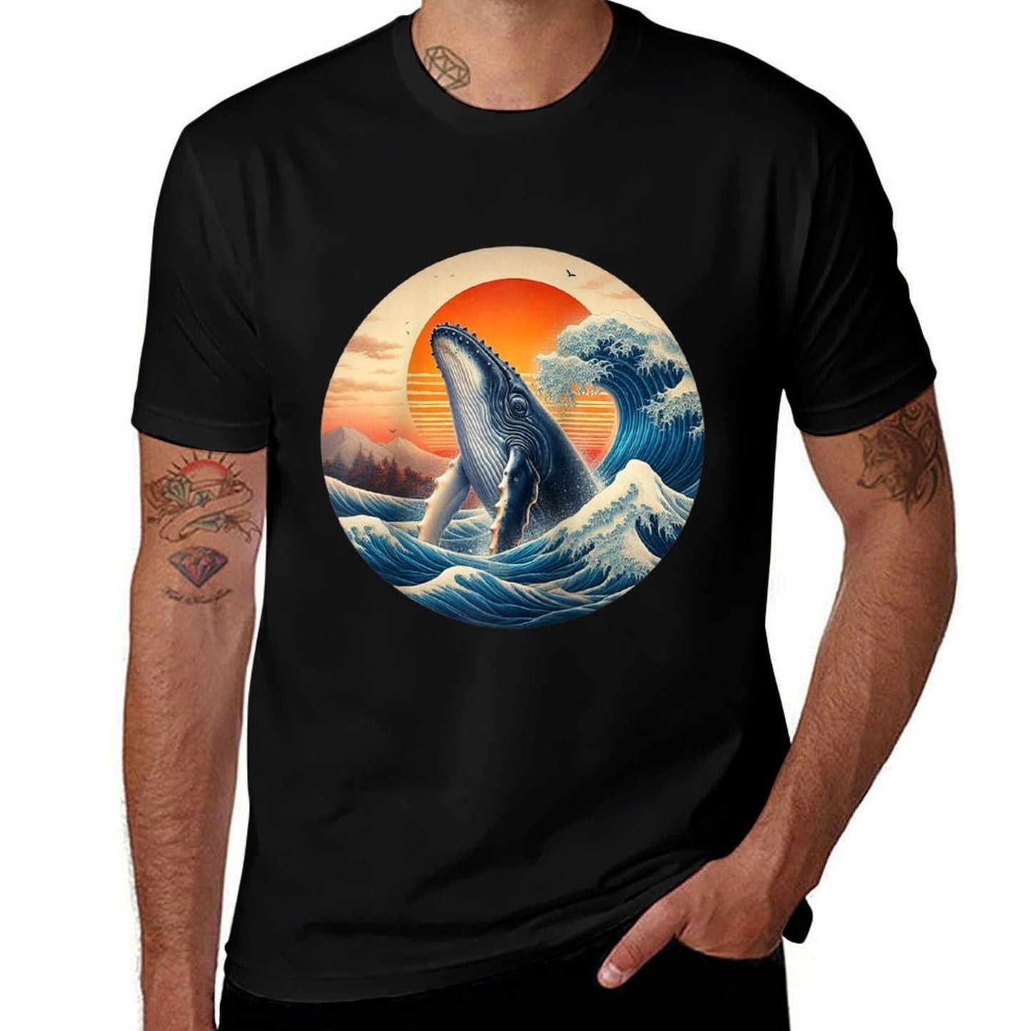 Sunset Humpback Whale Wave - Ocean, Sky Raglan Baseball  Cotton T-Shirt