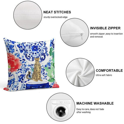Cheetah And Chinoiserie Jars in Blue And Red Soft Easy Maintenance Throw Pillow