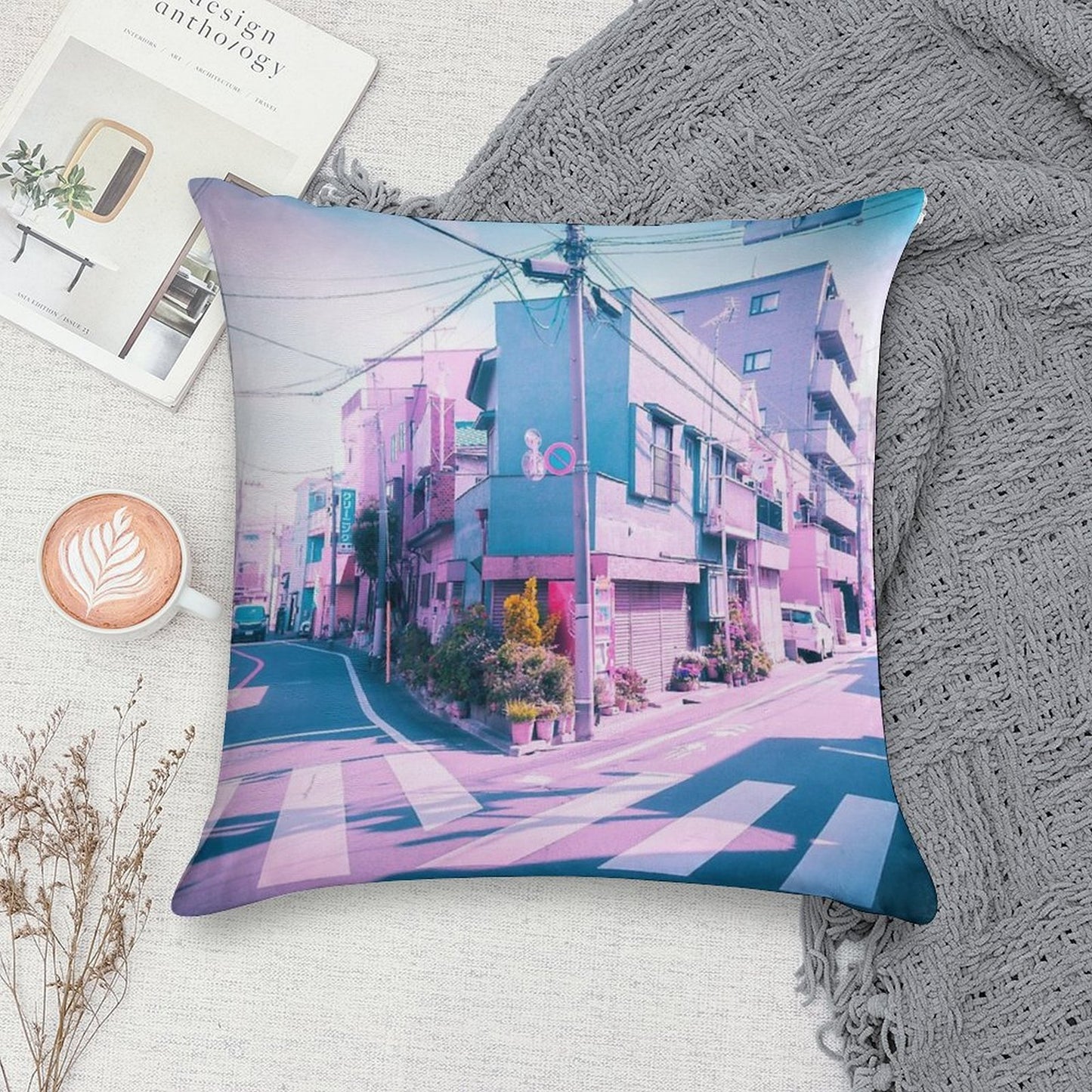 Anime in Real Life Vaporwave Summer Day in Tokyo Residential Area Soft Luxury Feel Throw Pillow