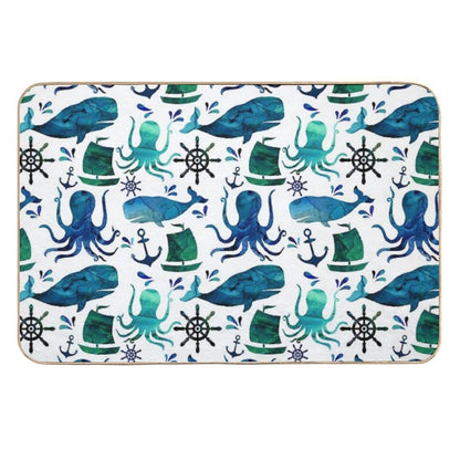 Watercolor Ocean Nautical Whale Octopus  Slip-Resistant Bath Mat