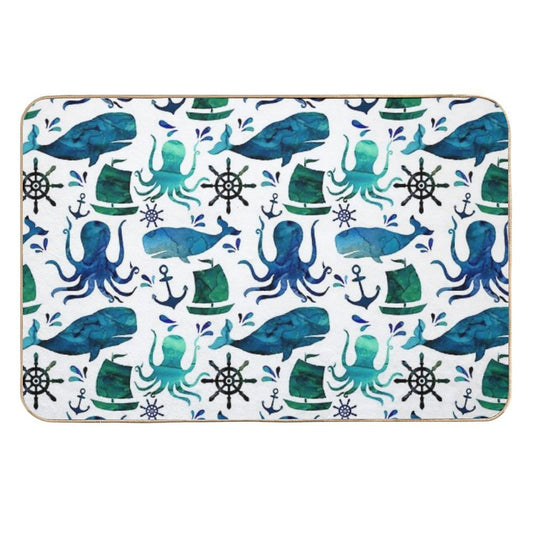 Watercolor Ocean Nautical Whale Octopus  Slip-Resistant Bath Mat