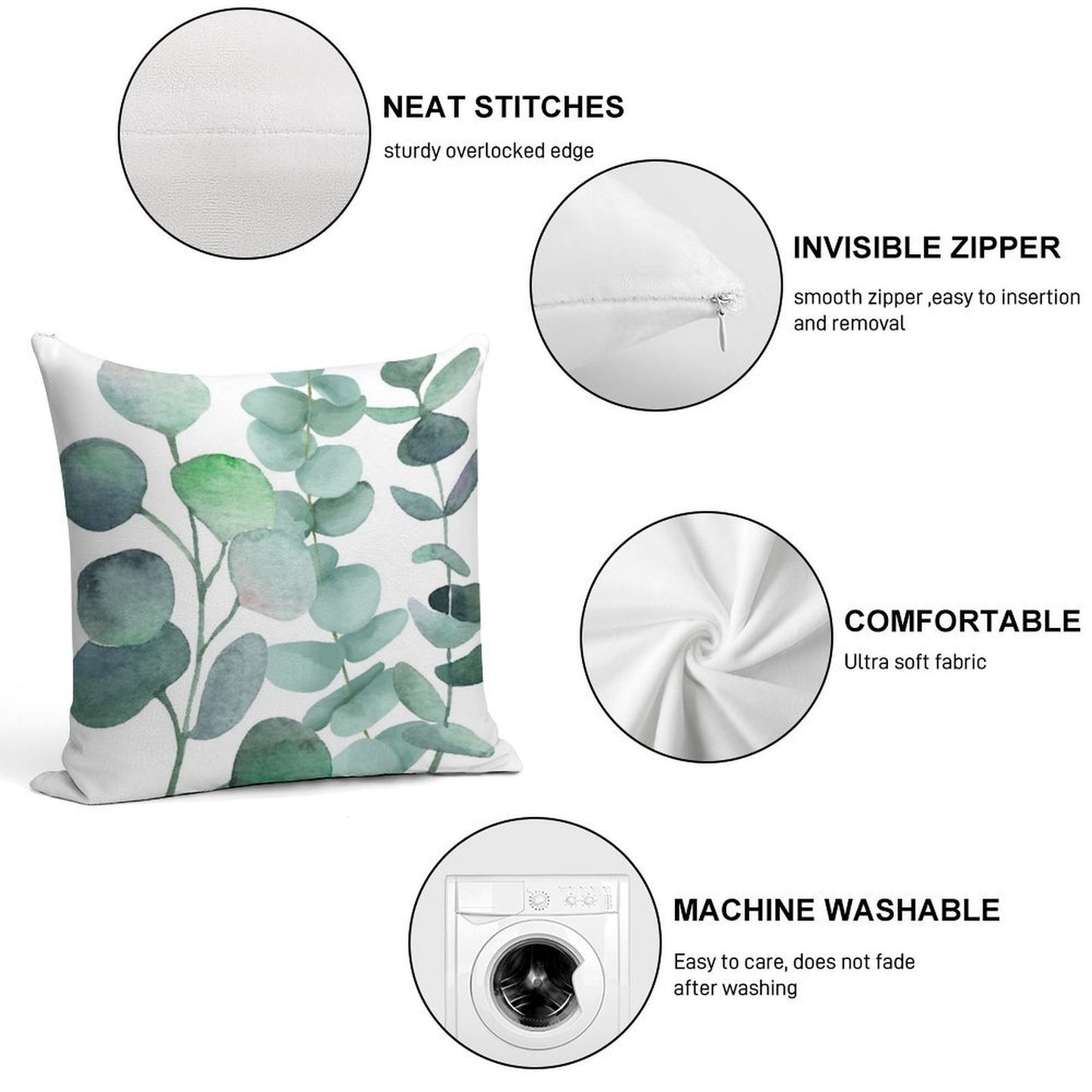 Watercolor, Eucalyptus, Leaves, Botanical, Painting, Green Soft Shrink-Resistant Throw Pillow