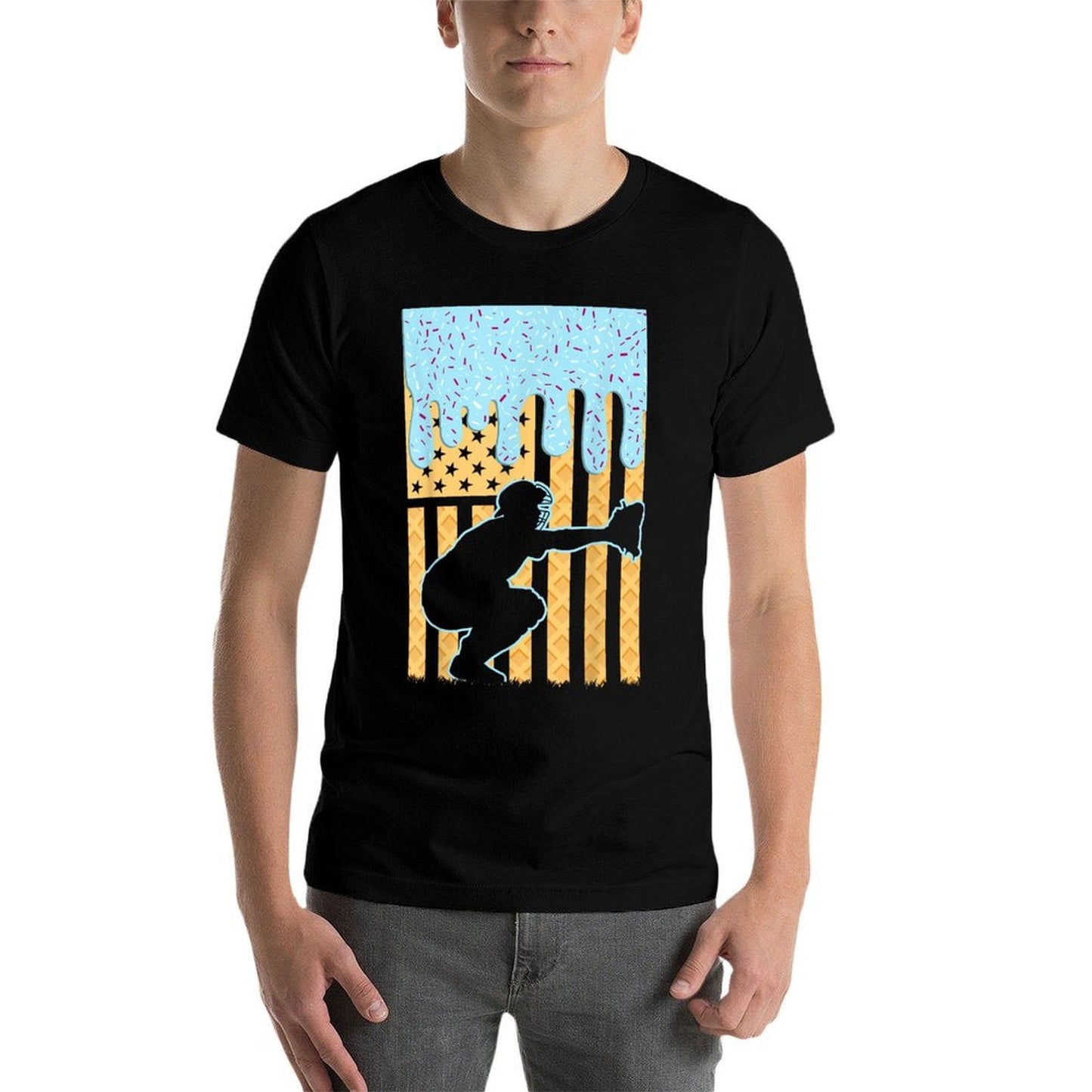 Ice Cream Baseball Drip Boys Catcher American 4th July  Rolled Sleeves T-Shirt