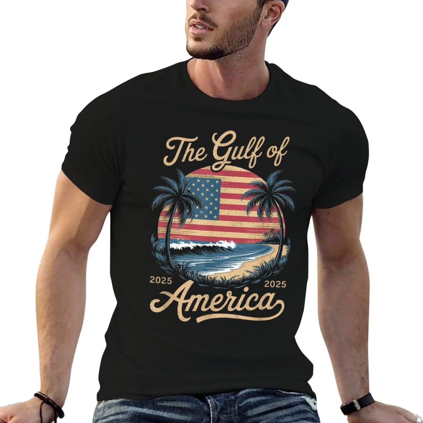 Retro Gulf Of USA America Est 2025 Gulf Mexico American Flag Oversized Silhouette T-Shirt