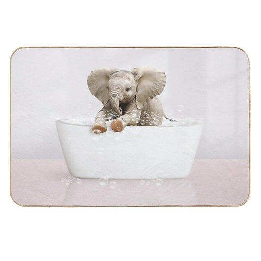 Baby Elephant  in Modern Bathtub Pink Print, Baby Elephant Bathing, Animals in Bathtub Art by Synplus  Easy To Clean Bath Mat