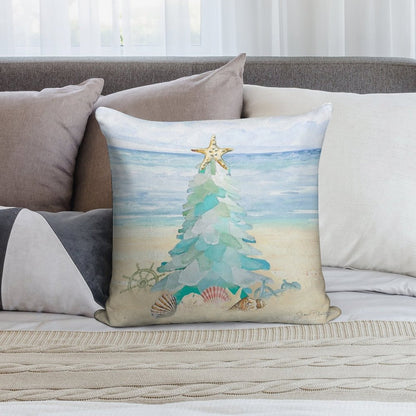 Coastal Seaglass Christmas Tree B Soft Bedroom Essential Throw Pillow
