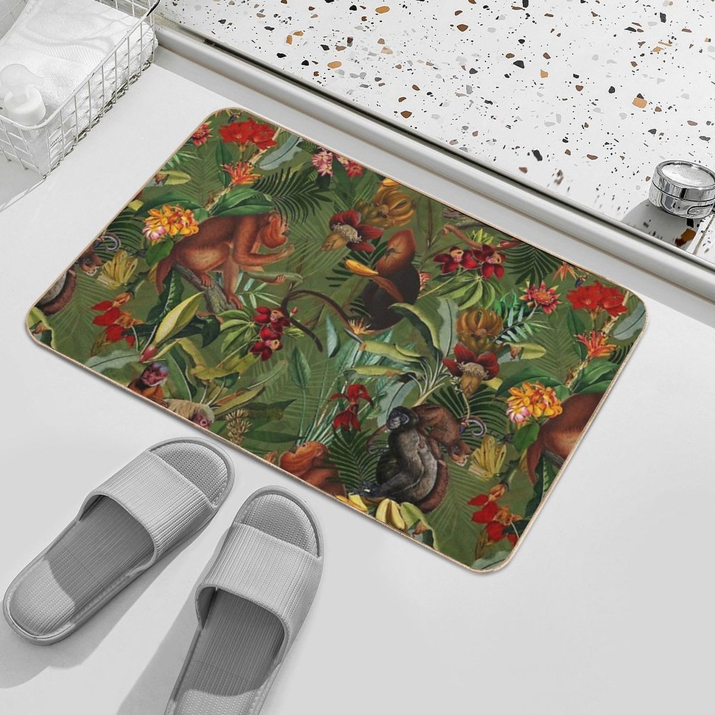 Tropical Monkey Jungle Pattern - Dark Green Botanical Night Garden Nightgarden  Toxin-Free Bath Mat