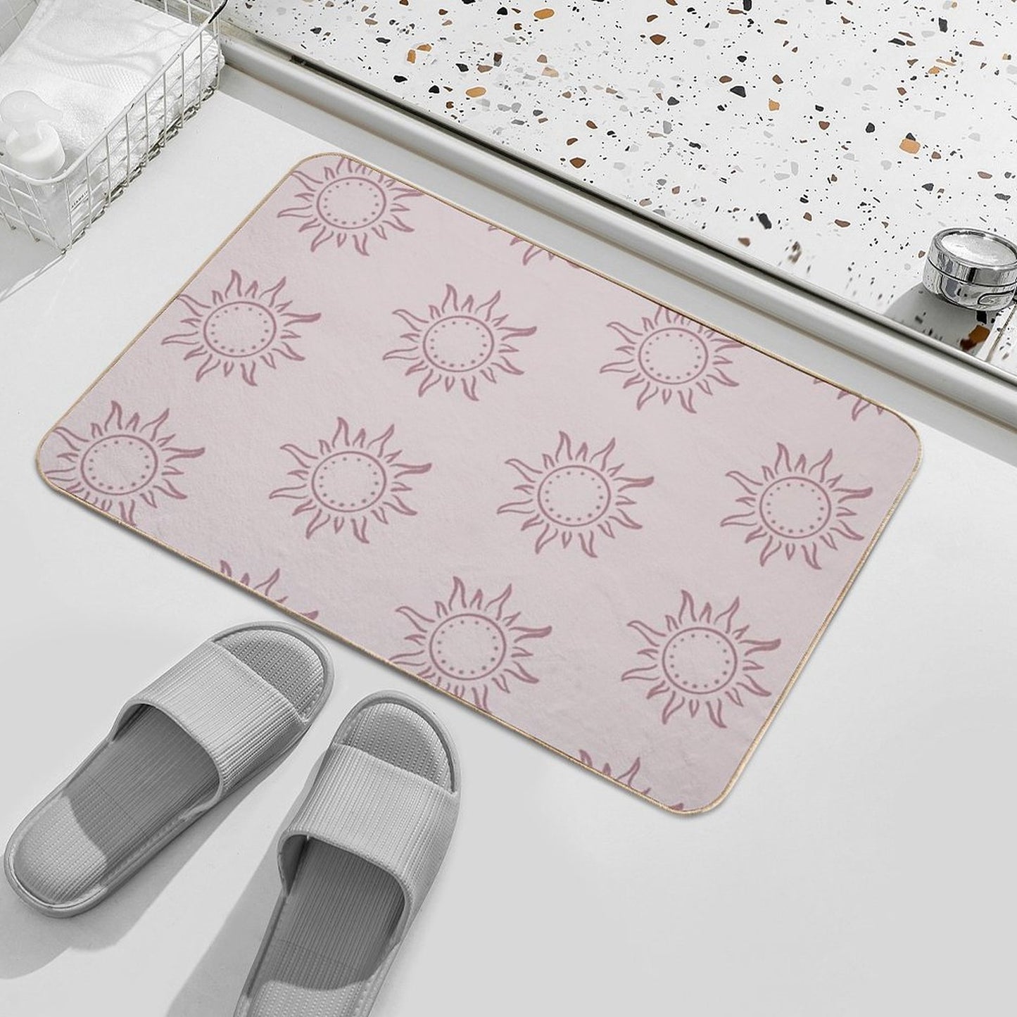Cute Boho Sun Pattern Bohemian Aesthetic In Muted Colors Light & Dark Muted Pink  Stain-Proof Bath Mat