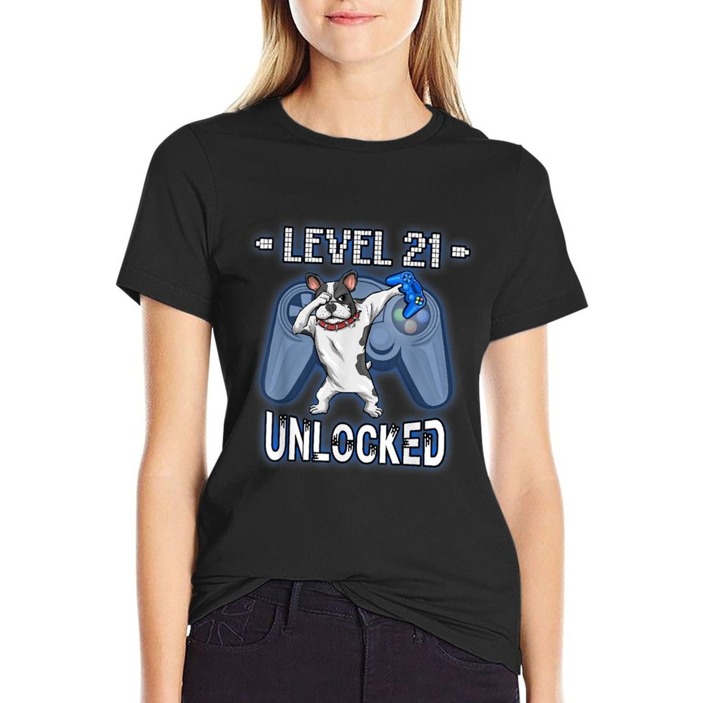 Level 21 Unlocked Dabbing French Bulldog Gamer 21st Birthday  Ribbed Collar T-Shirt