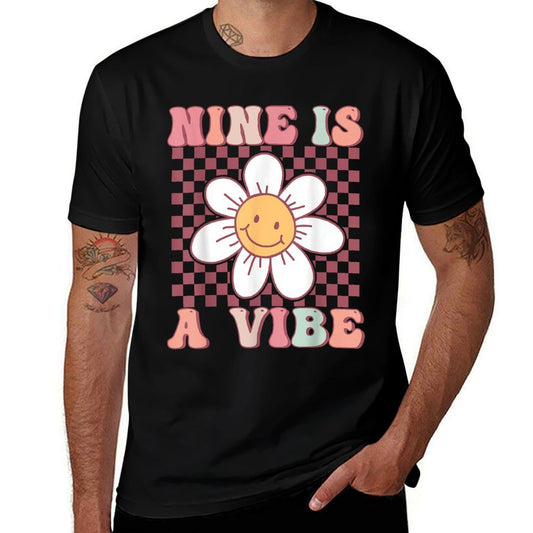 Nine Is A Vibe Cute Groovy 9th Birthday Party Daisy Flower  Oversized Silhouette T-Shirt