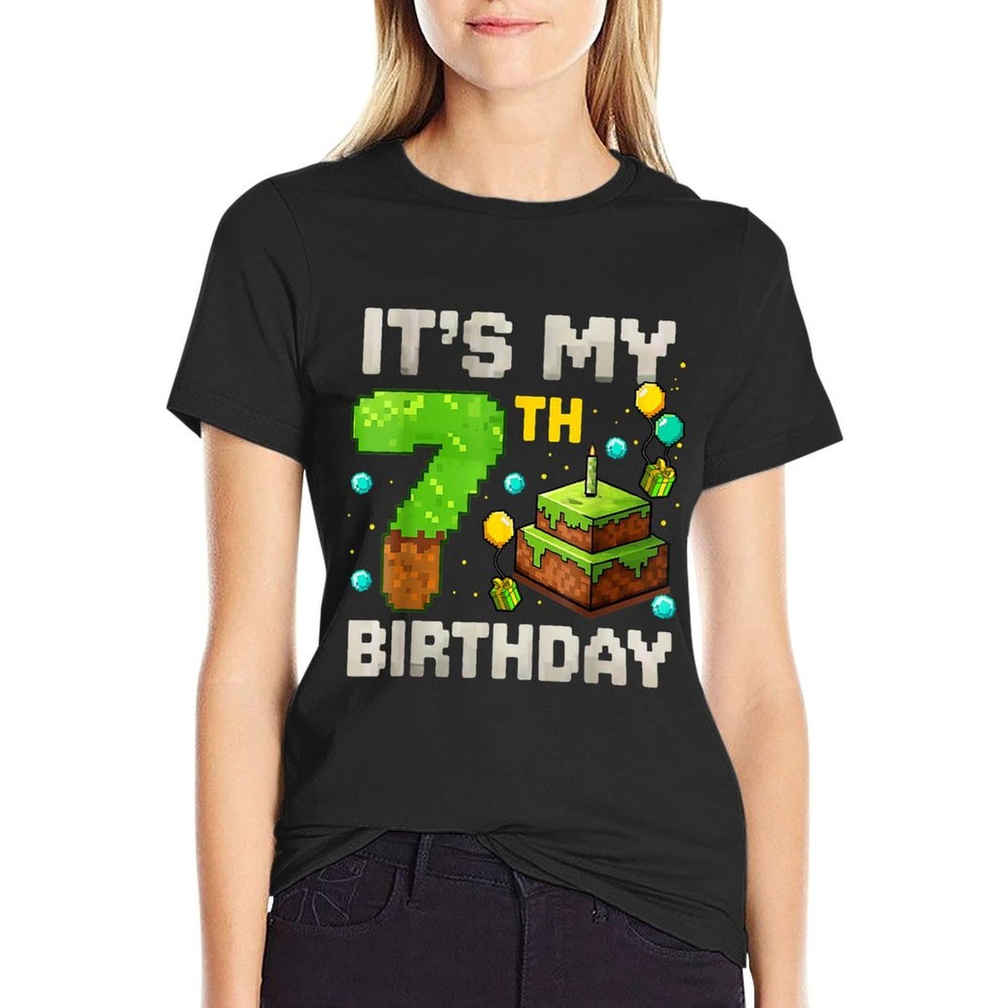 Kids Its My 7th Birthday Gamer Pixel Birthday Boy  Ribbed Collar T-Shirt