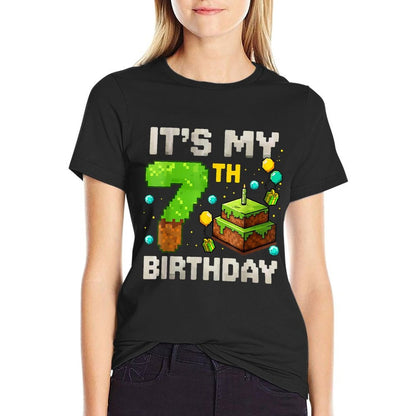 Kids Its My 7th Birthday Gamer Pixel Birthday Boy  Ribbed Collar T-Shirt