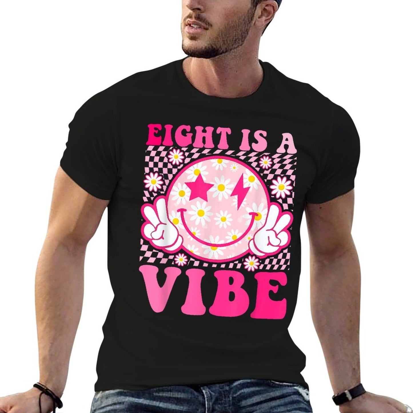 Eight Is A Vibe 8th Birthday Groovy 8 Years Old Smile Face  Oversized Silhouette T-Shirt