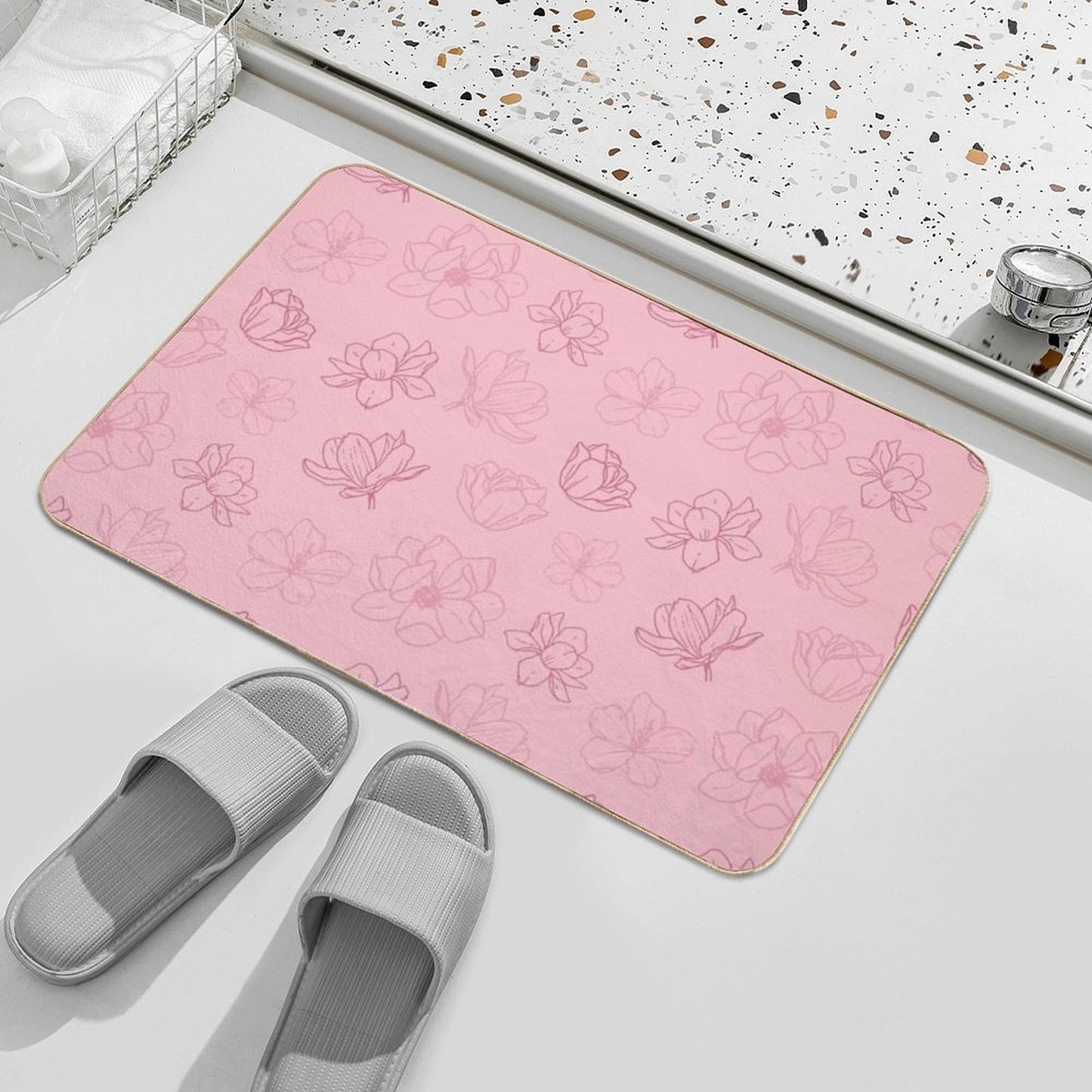 Pink Flowers Floral Minimalist Pattern  Easy To Clean Bath Mat
