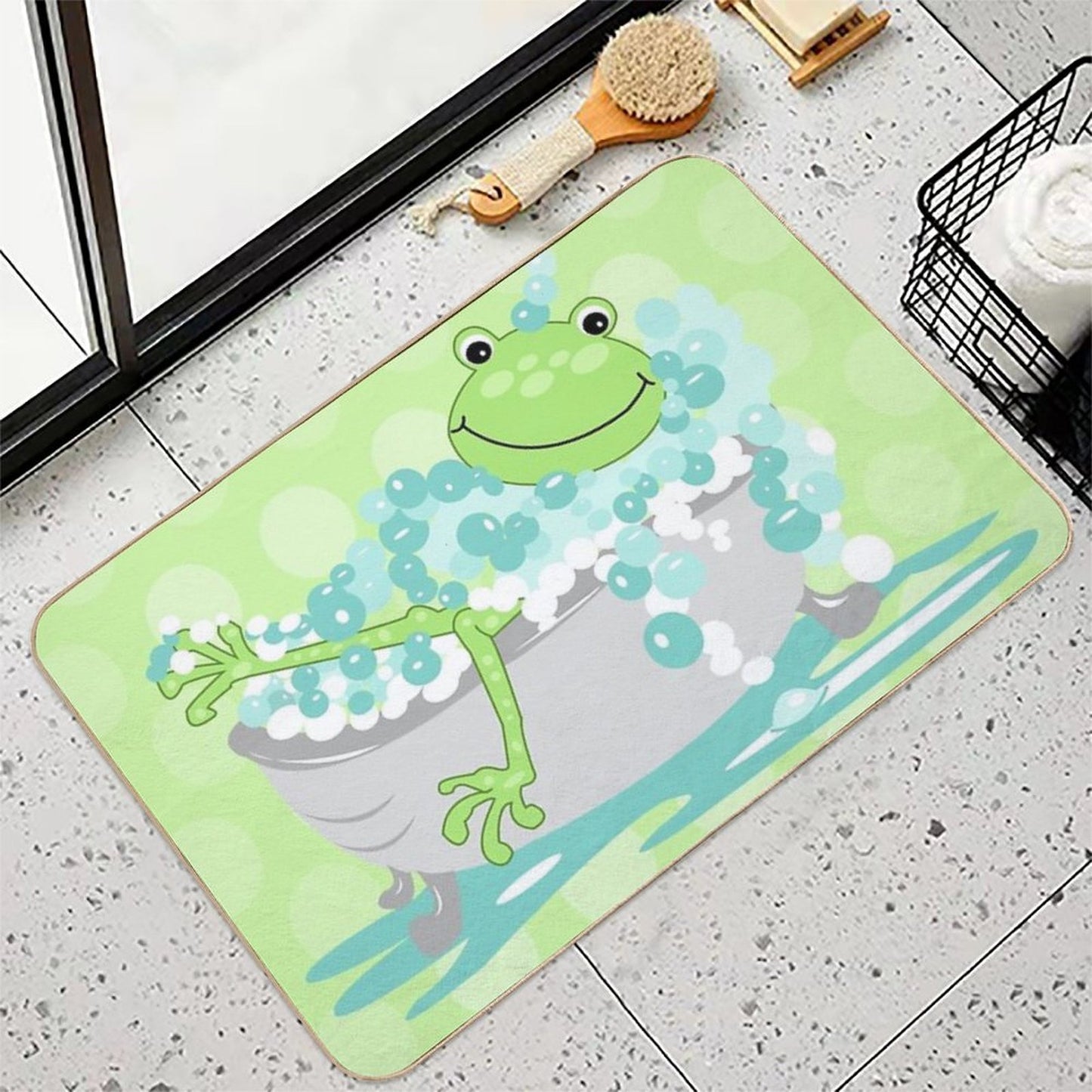 Cute Green Frog in A Bathtub of Bubbles  Dirt-Trapping Bath Mat