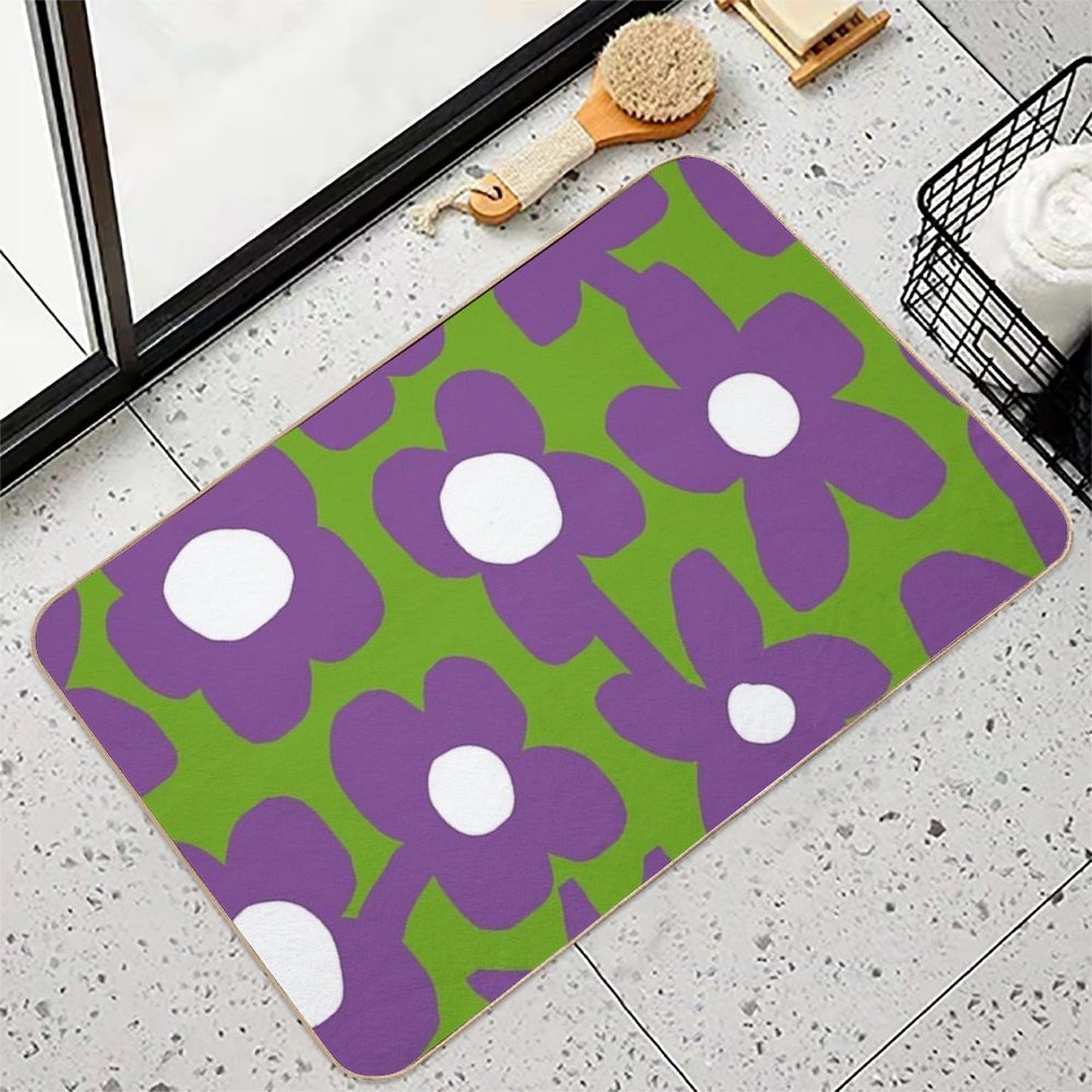 Iconic Retro Scandinavian Summer Flowers in Green And Purple  Versatile Bath Mat