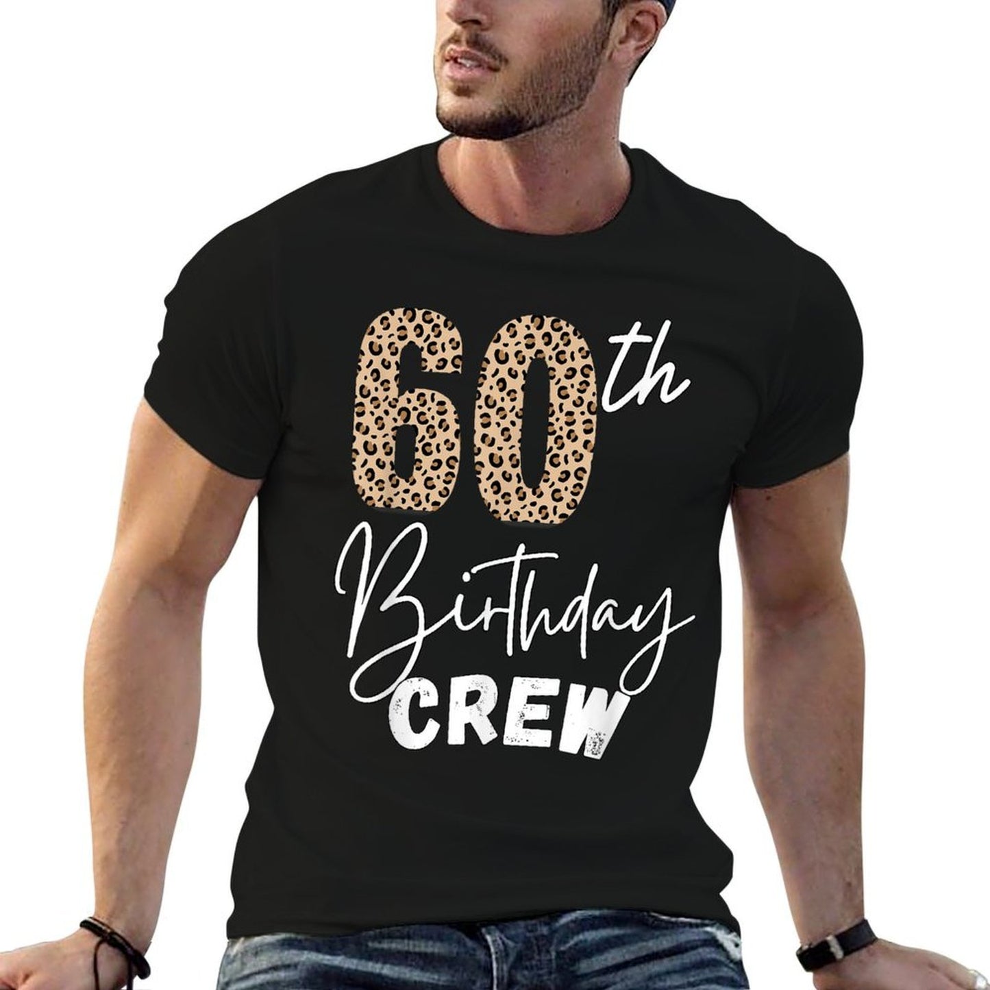 60th Birthday Crew Leopard Print Stepping 60 Squad Party  Ribbed Collar T-Shirt