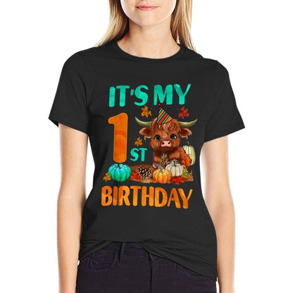 Its My 1st Birthday Boy 1 Yrs Old Highland Cow Print  Trendy Pattern T-Shirt