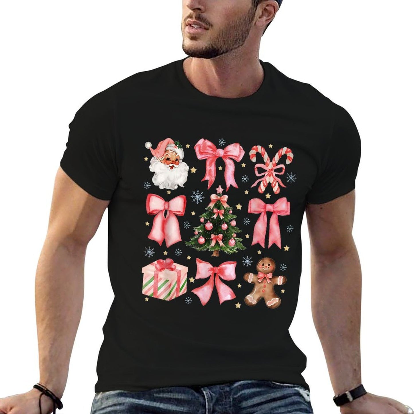 Coquette Bow Santa Christmas Tree Cake Candy Cane Xmas  Tagless Design T-Shirt