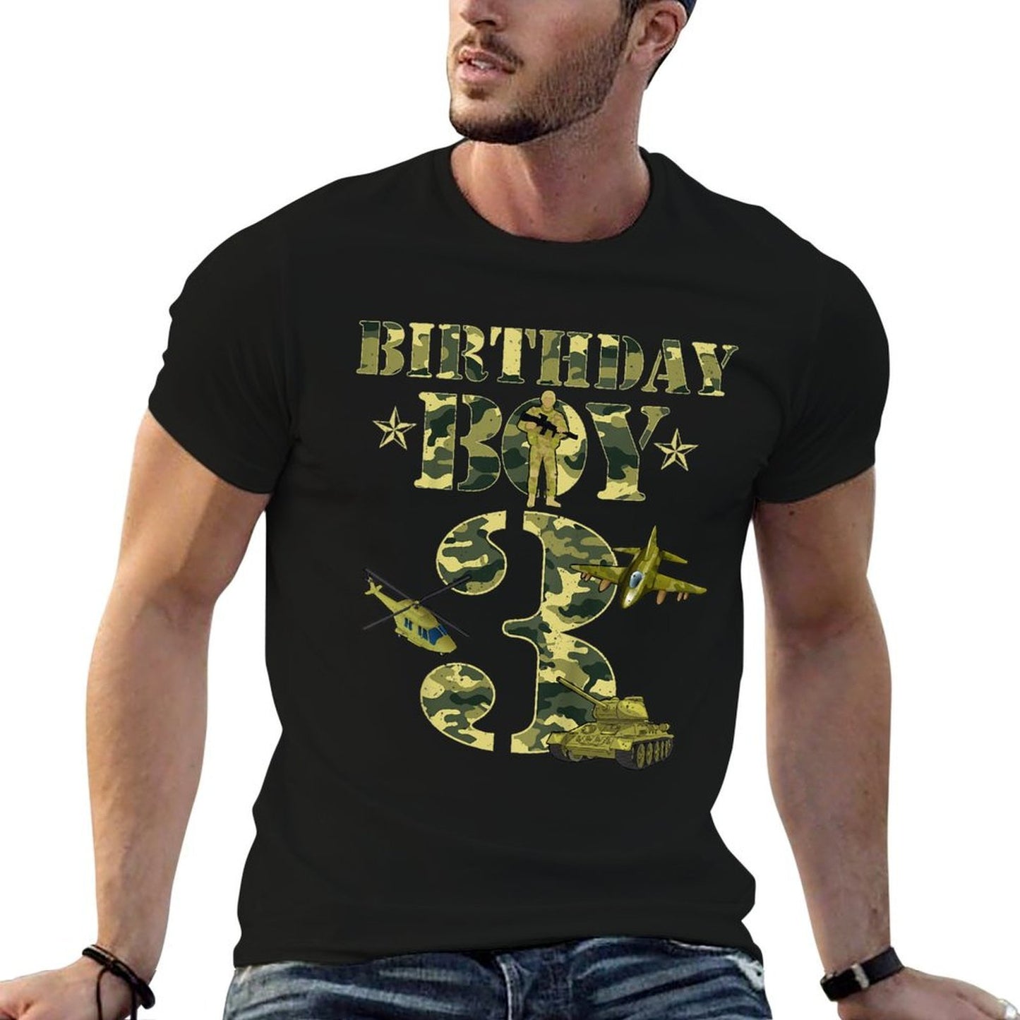 Kids 3rd Birthday Military Themed Camo Boys3 Yrs Old Soldier Camo  Heathered Texture T-Shirt