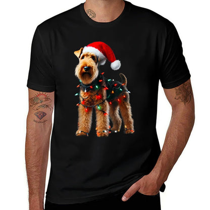 Welsh Terrier Santa Hat Christmas Lights Dog Owner Mom Dad  Trendy Pattern T-Shirt