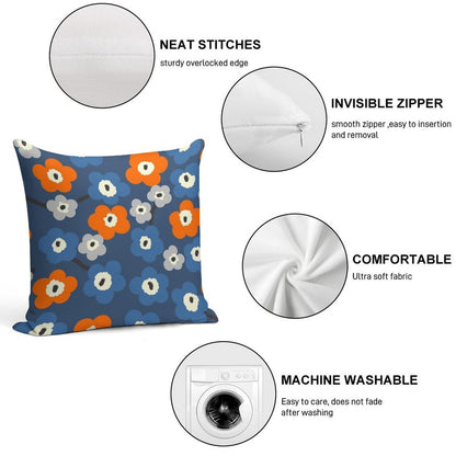 Iconic Modern Scandinavian Floral Pattern in Blue And Orange Soft Gift Ready Throw Pillow