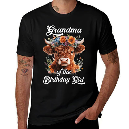 Grandma Of The Birthday Girl Highland Cow Farm Family  Ribbed Collar T-Shirt