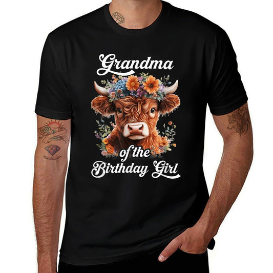 Grandma Of The Birthday Girl Highland Cow Farm Family  Ribbed Collar T-Shirt