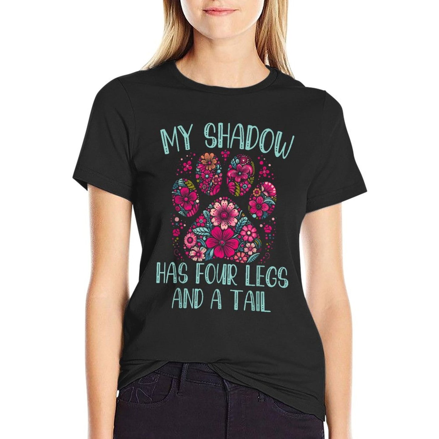 My Shadow Has Four Legs And A Tail Floral Paw Pattern  Ribbed Collar T-Shirt