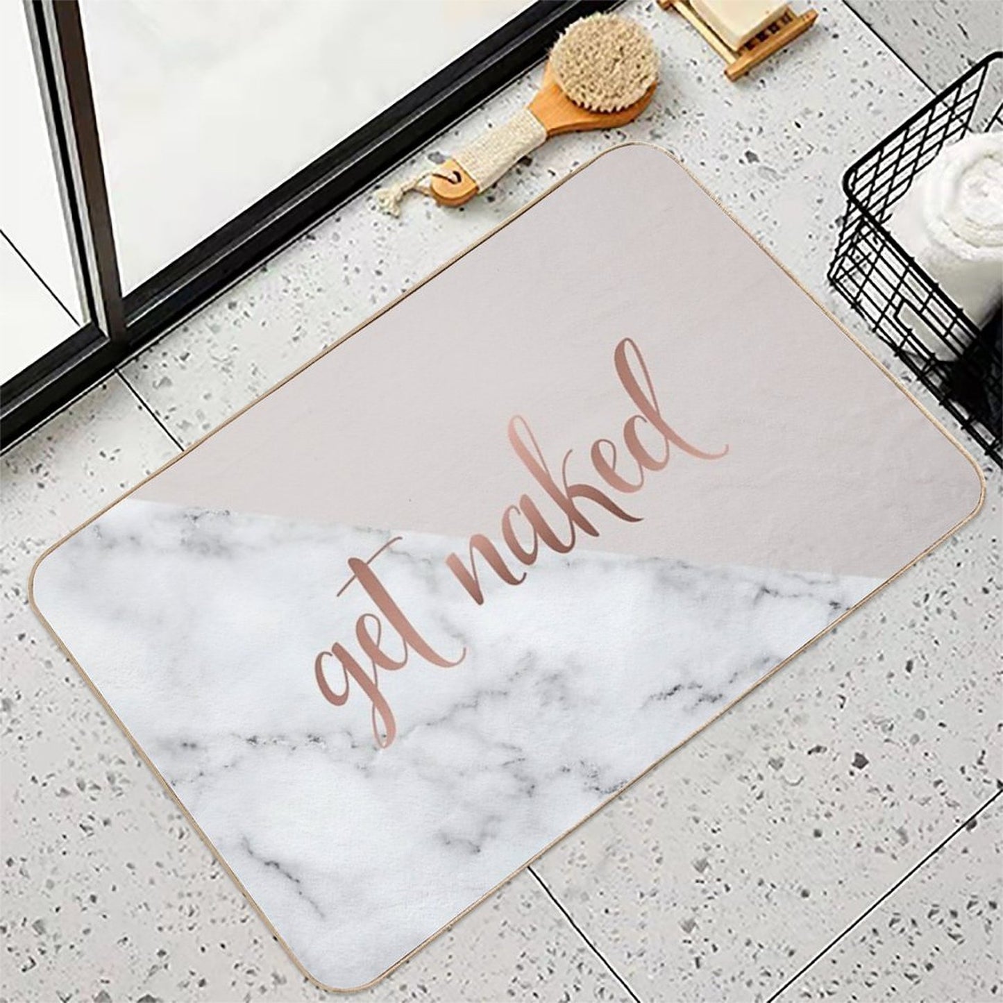 Get Naked Bathroom And Bedroom Quote, Blush Pink, Rose Gold, Marble  Non-Slip Bath Mat