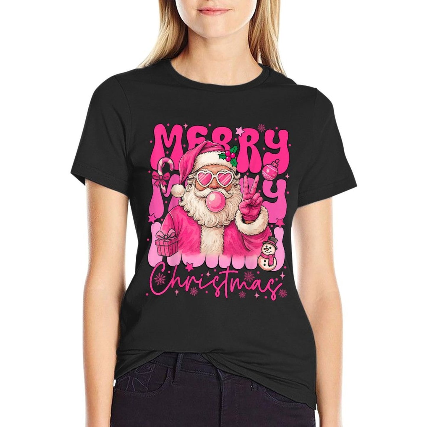 Merry Christmas Pink Santa Claus Blowing Bubble Gum Xmas  Trendy Pattern T-Shirt
