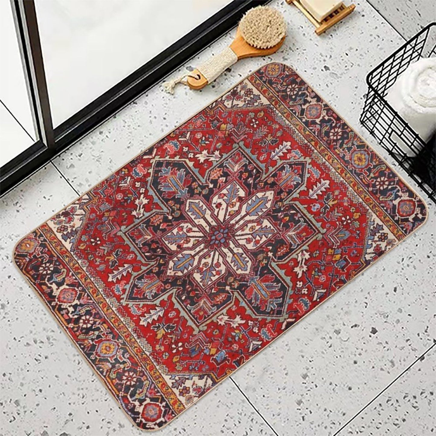Persia Heriz 19th Century Authentic Colorful Picture of A Blue Red And Cream Rug  Versatile Bath Mat