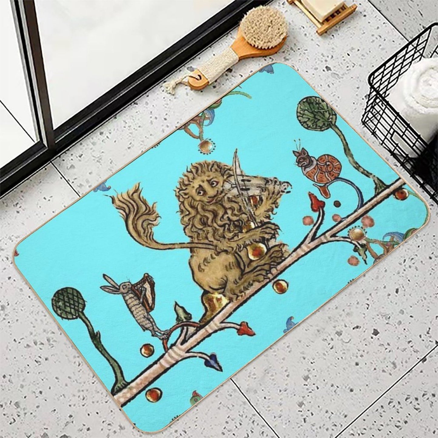 WEIRD MEDIEVAL BESTIARY MAKING MUSIC Violinist Lion,Hare,Snail Cat in Blue by Bulgan Lumini  Odorless Bath Mat