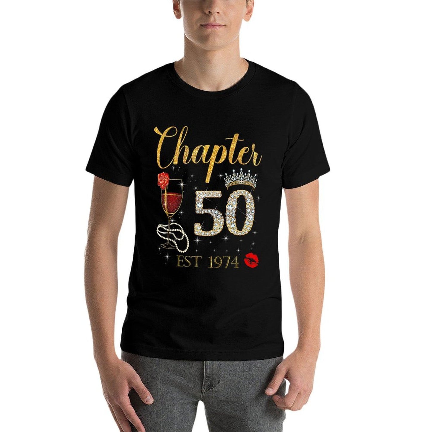Chapter 50 Years EST 1974 50th Birthday Red Rose Wine Crown Premium  Cotton T-Shirt