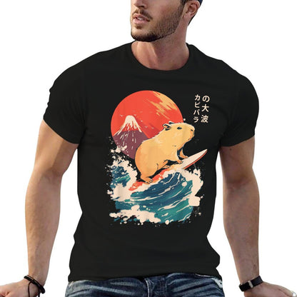 Japanese Capybara Surfing Wave Great Wave Japan  Stretchy T-Shirt