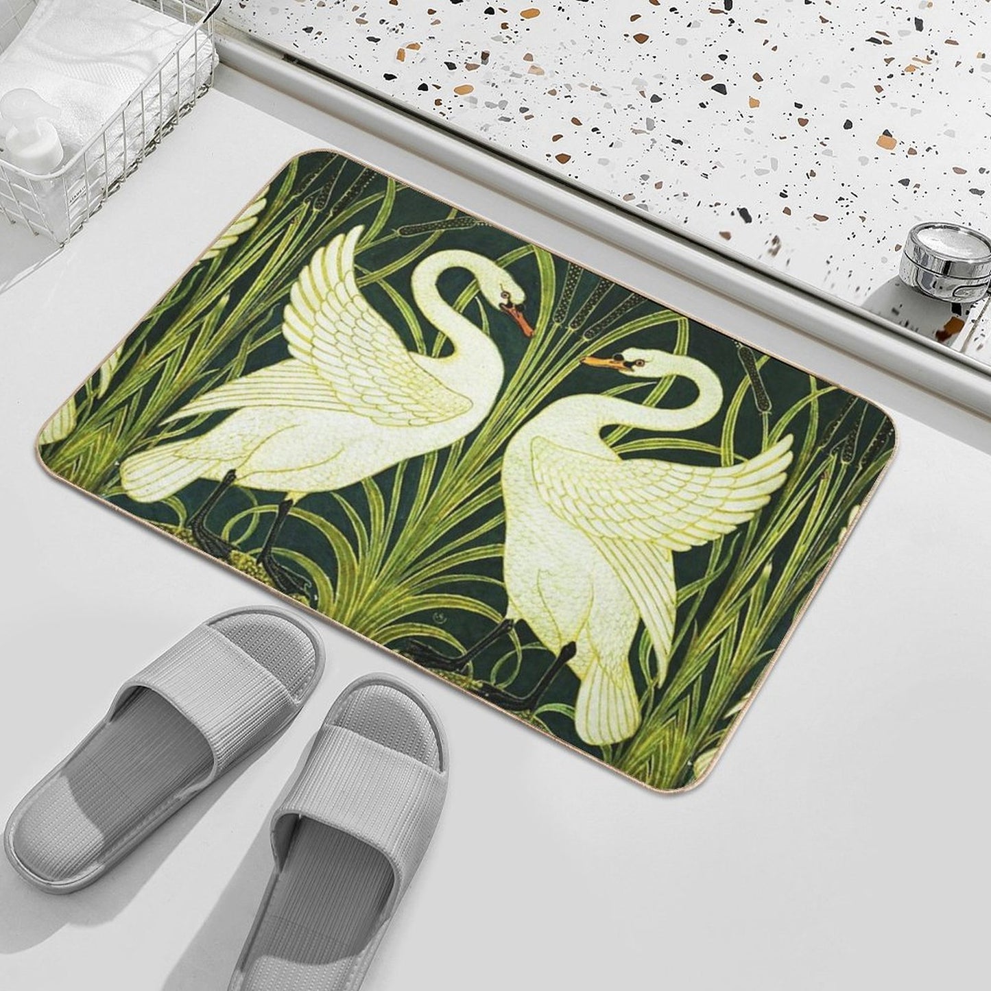 TWO WHITE SWANS AMONG REEDS IN GREEN Art Nouveau Animals  Dirt-Trapping Bath Mat