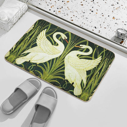 TWO WHITE SWANS AMONG REEDS IN GREEN Art Nouveau Animals  Dirt-Trapping Bath Mat