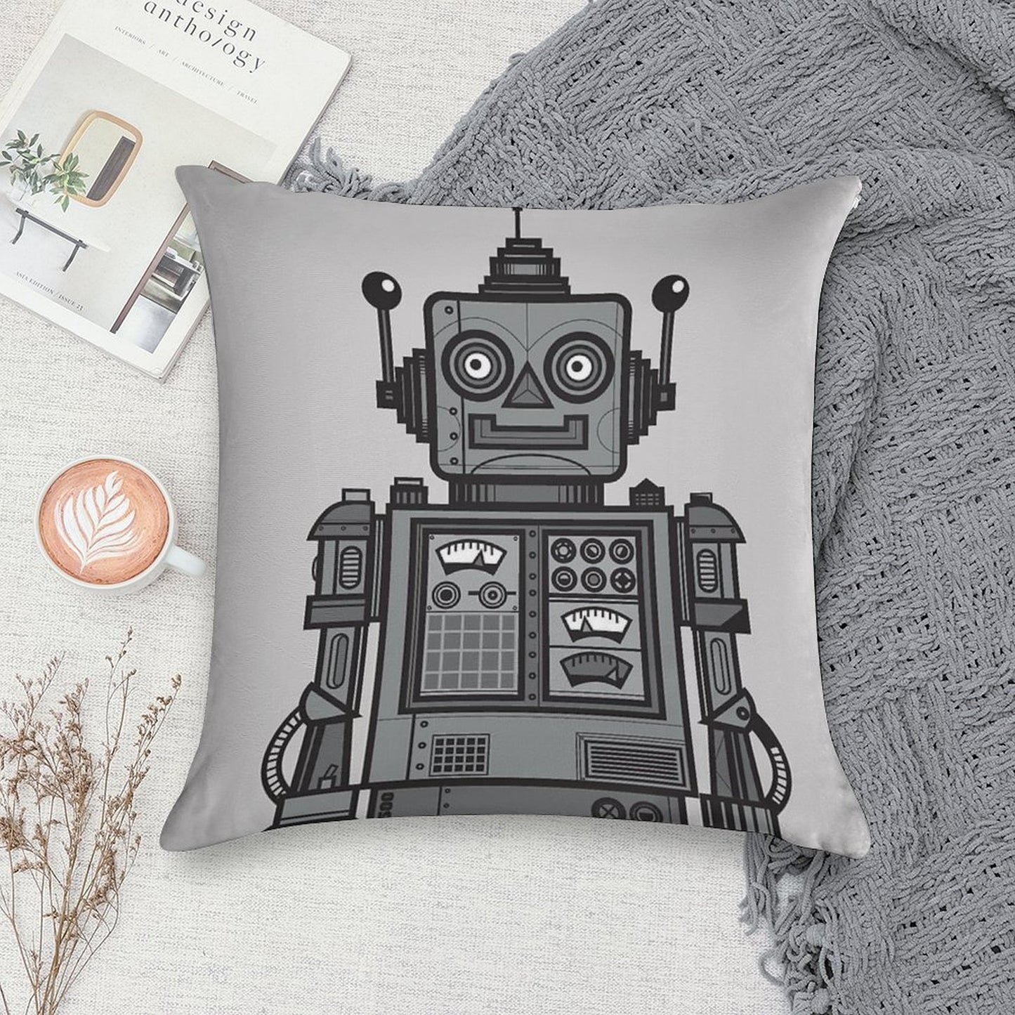 Vintage Robot Soft Shrink-Resistant Throw Pillow