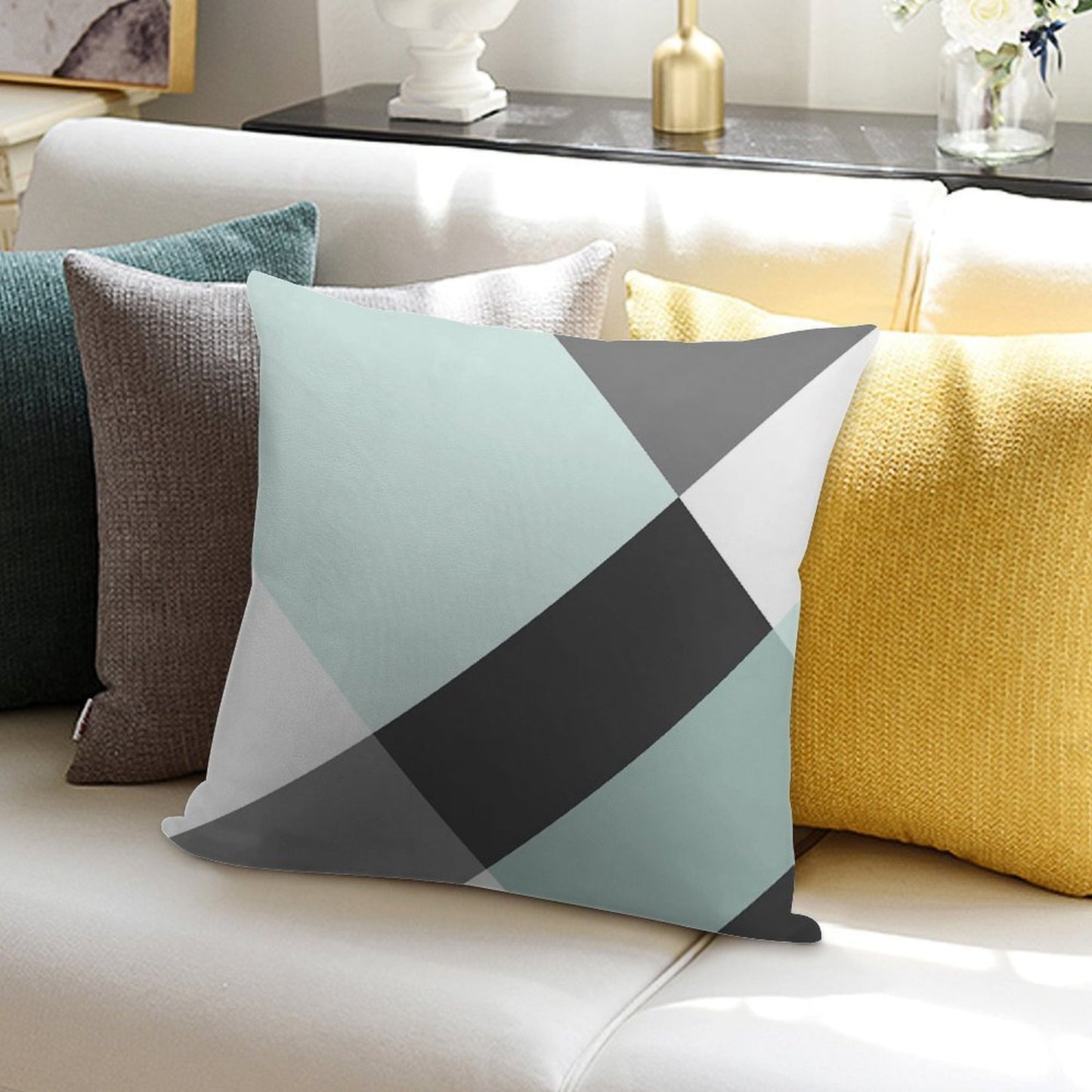 Duck Egg & Grey Patchwork Soft Gift Ready Throw Pillow