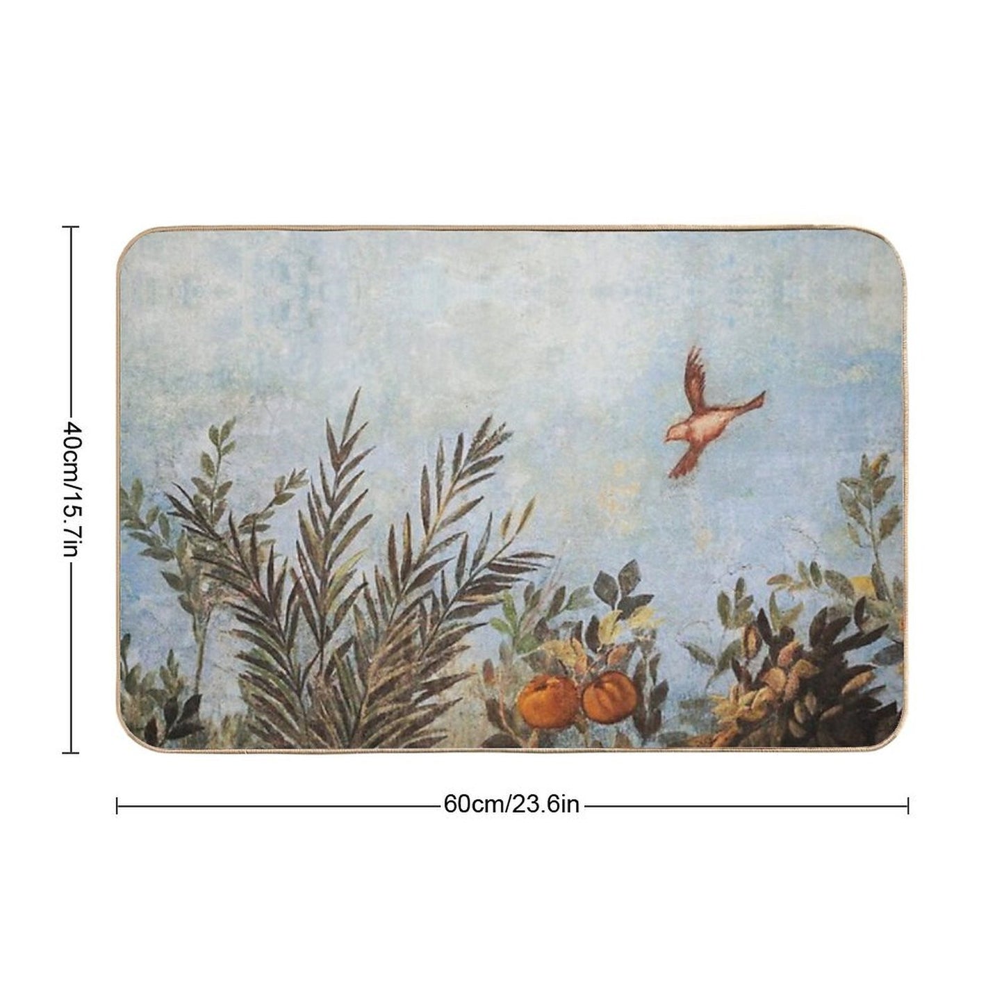 ANTIQUE ROMAN  WALL PAINTINGS,FLYING BIRD, BLUE SKY AND FRUIT TREES ,GREEN FLORAL  Easy Maintenance Bath Mat
