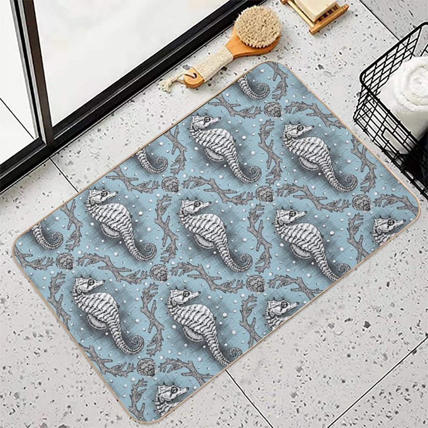 Victorian Seahorse Damask in Powder Blue Antique Steampunk  Stain-Proof Bath Mat