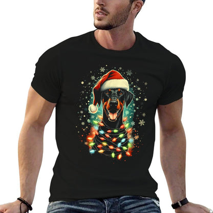 Cute Pinscher Christmas Doberman Dog with Santa Hat  Lights  Quick-drying T-Shirt