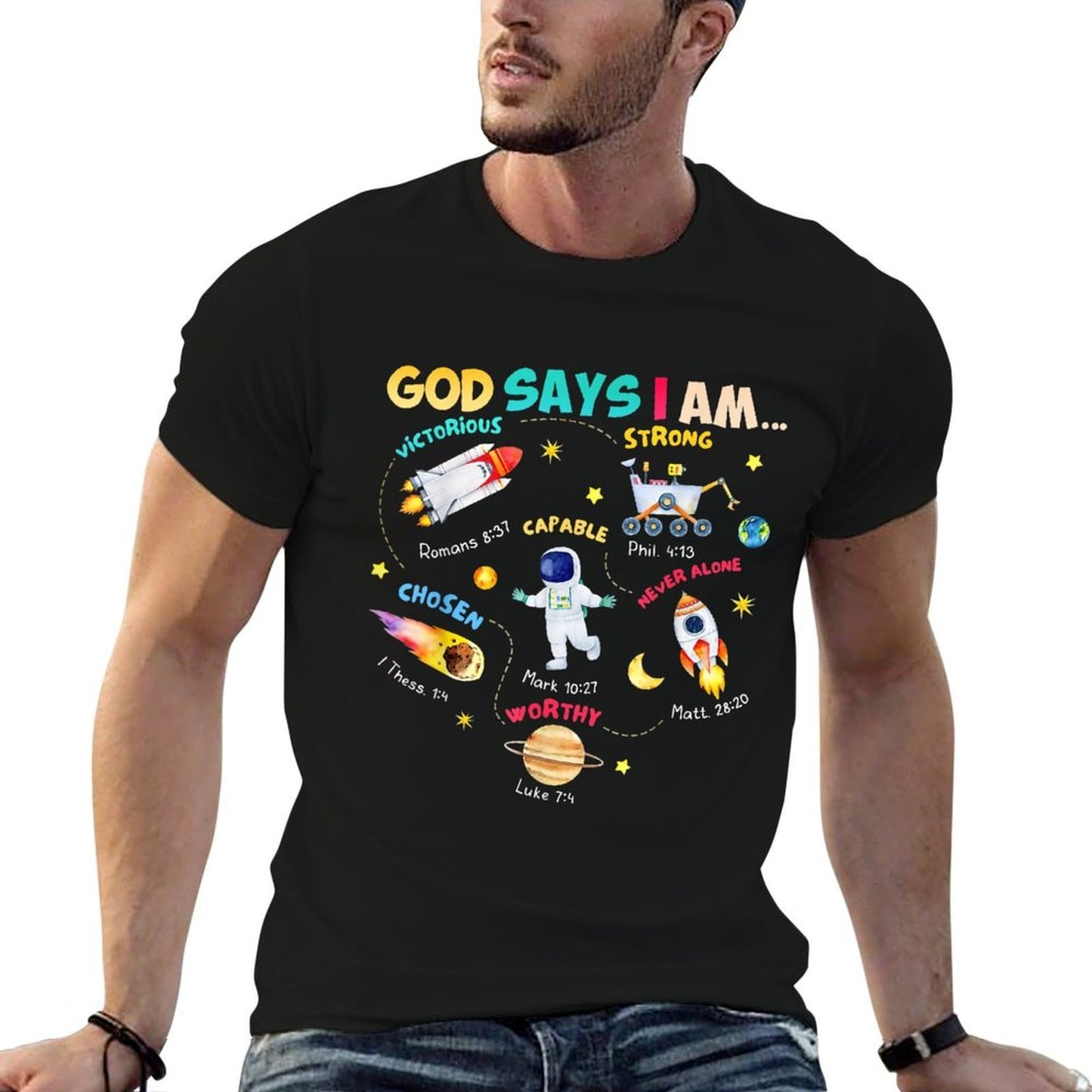 God Says I Am Outer Space Themed Bible Christian Kids Boys  Tagless Design T-Shirt