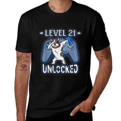 Level 21 Unlocked Dabbing French Bulldog Gamer 21st Birthday  Ribbed Collar T-Shirt