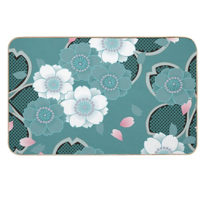 Pink White Teal Floral Japanese Sakura Kimono Pattern  Eco-Friendly Bath Mat